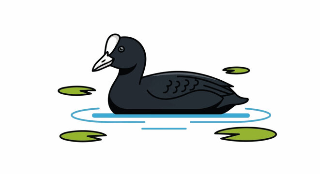 Cartoon coot bird floats on calm water amidst lily pads