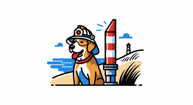 Cartoon dog in a hard hat sits on a beach near a lighthouse