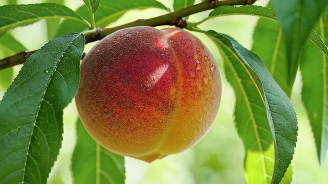 Ripe Peach Hanging on a Tree Branch Surrounded by Green Leaves.