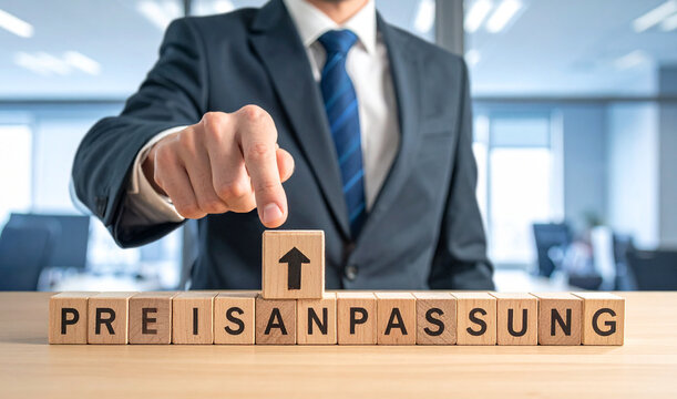 Preisanpassung - Geschäftsmann zeigt auf den Text "Preisanpassung"