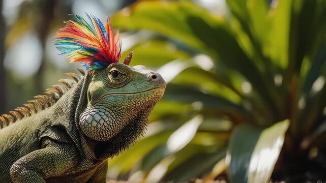 Vibrant iguana with a colorful crest perched among lush green foliage, basking in warm sunlight, showcasing textured scales and expressive eye