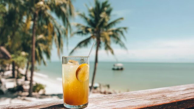 A refreshing drink with a slice of lemon on the side, overlooking a tropical beach and palm trees under a clear sky.
