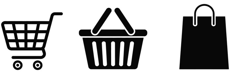 Shopping cart, basket, and bag icon set, black shopping cart icons with shopping basket and shopping bag symbols, retail and e-commerce concept, isolated on white background, clean minimal vector © MD REZAUL 1