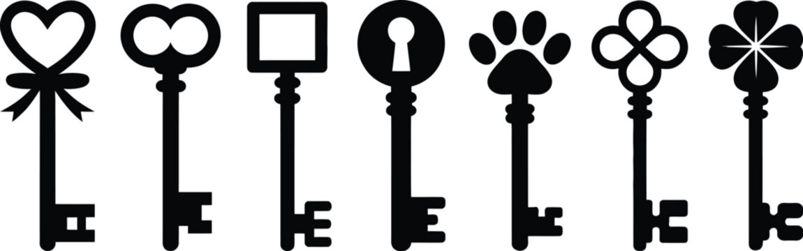 Set of unique vintage skeleton key icons with decorative heads including love heart four leaf clover and animal paw symbols