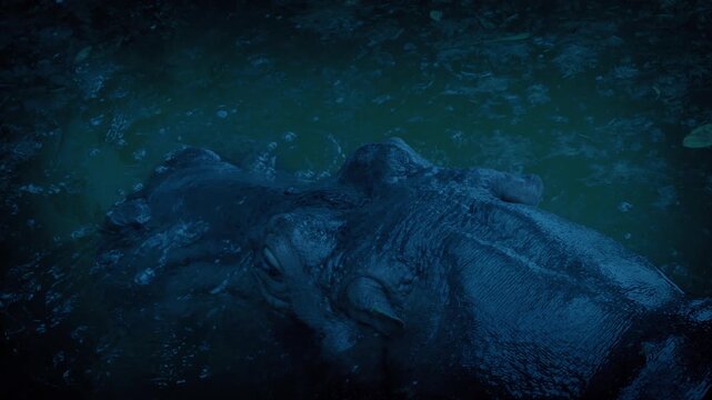 Hippo Roars And Submerges In Lagoon In The Dark