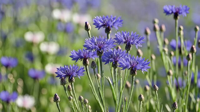 Closeup of vibrant blue cornflowers blooming in a sunlit field.