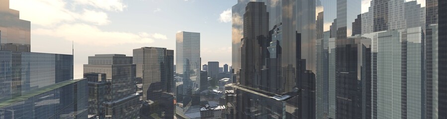 Houses in the sky, skyscrapers, cityscape, high-rise buildings against the sky, clouds and city, 3D rendering © ustas
