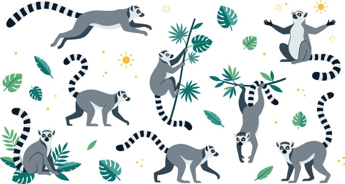 Cartoon Lemur Character Collection with Different Poses and Actions, Cute Ring Tailed Lemurs Climbing, Jumping, Sitting in Jungle Wildlife Vector Illustration Design.