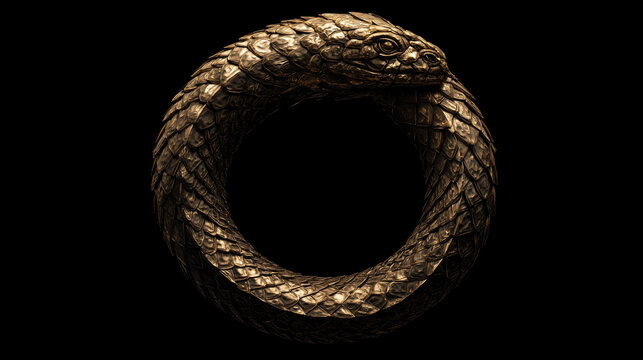 Golden ouroboros serpent forming a circular symbol on black background representing infinity eternity and rebirth for mythology spiritual and esoteric design projects