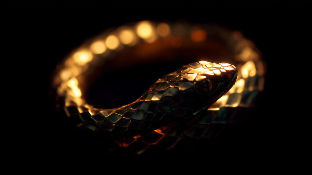 Golden ouroboros serpent forming a circular symbol on black background representing infinity eternity and rebirth for mythology spiritual and esoteric design projects