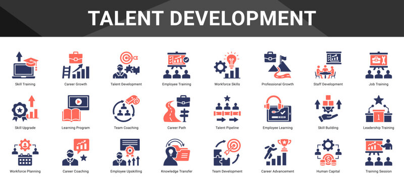 TALENT DEVELOPMENT  Icon set collection. Vector icon pack featuring thematic icons for your presentations or business.