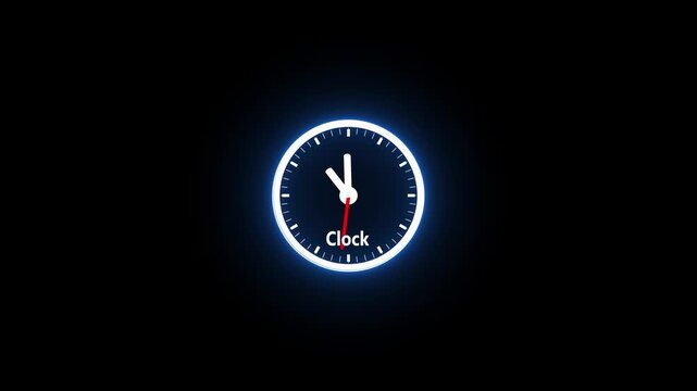 clock icon animation glowing neon red and blue color watch dial circle timer timekeeper.Blue and Pink Neon Light Analog Clock Animated on Black Background. simple clock icon animation.