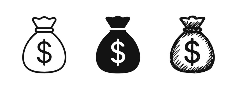 Money bag with dollar sign icon set in line, solid and hand drawn styles