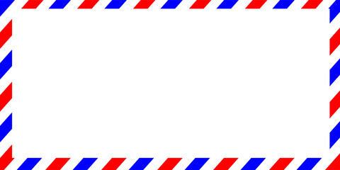 Obraz premium Airmail envelope frame with blue and red stripes on white background. International vintage letter border. Retro air mail postcard. Blank envelope. Vector illustration isolated on white background.