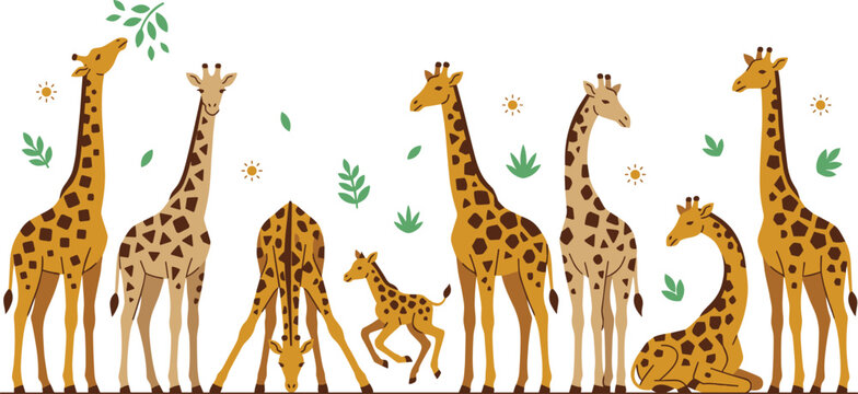 Cartoon Giraffe Family Collection with Different Poses and Heights, Cute Savannah Wildlife Animals Set Including Adult and Baby Giraffes Vector Illustration Design.