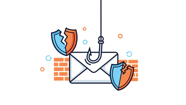 Email phishing and cybersecurity threat concept showing a message on a hook with failed protective shields and brick wall barriers.
