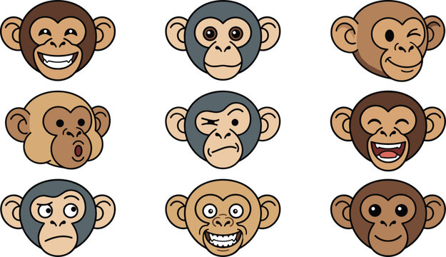 Cute Cartoon Monkey Faces Collection with Different Emotions Expressions Set for Kids Design, Emoji Style Animal Characters, Funny Primate Avatars Illustration.