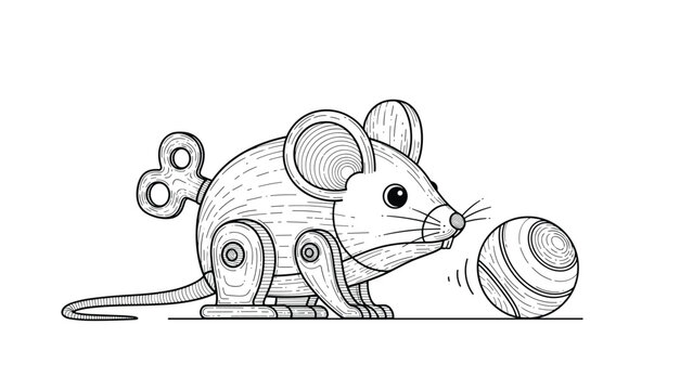 Highly detailed black and white engraving of a mechanical wind-up toy mouse with a key and a rolling ball toy nearby.