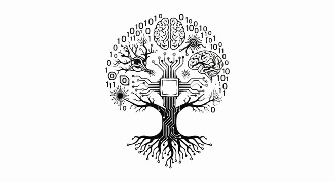 A digital tree of life with binary code, brains, and a central processor