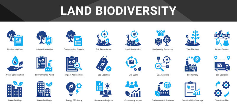 LAND BIODIVERSITY  Icon set collection. Vector icon pack featuring thematic icons for your presentations or business.