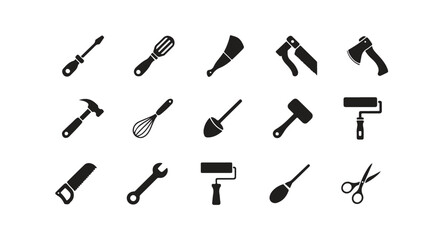 Assorted household tools icons with kitchen whisk shovel hand saw hammer and paint roller. © MDHABIBUR