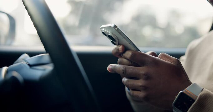 Phone, typing and search with hands in car for navigation app, communication and travel guide. Online map, connection and location tracker with person and mobile in vehicle for route check and driver