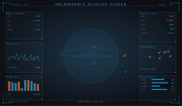 Futuristic space station holographic display screen interface with telemetry data vector illustration