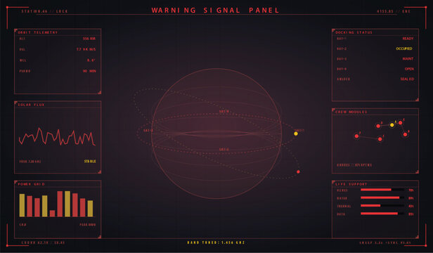 Futuristic scifi warning signal panel interface with data visualization and orbit telemetry vector illustration