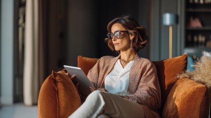 Obraz premium Woman using tablet in armchair