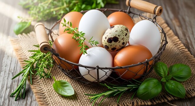 Fresh brown and white chicken eggs in a wire basket with rosemary on a table