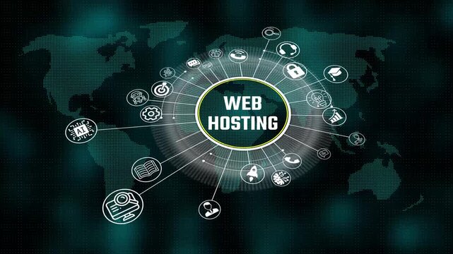 web hosting 3d illustration. Business, Technology, Internet and network concept. virtual screen of the future and sees the inscription. 4k video animation and world map