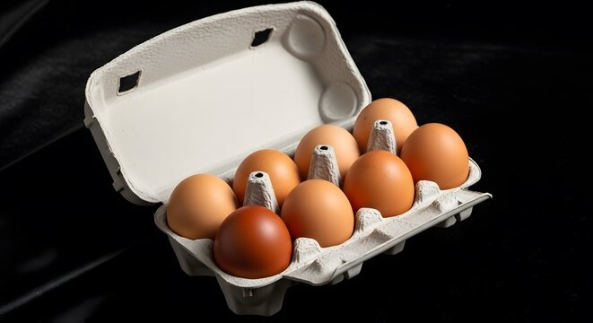Fresh brown chicken eggs in a cardboard carton box on a dark black background