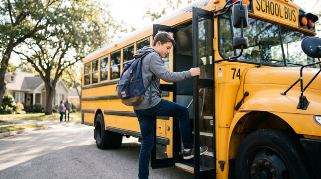 Young student climbing onto school bus steps in sunny neighborhood  