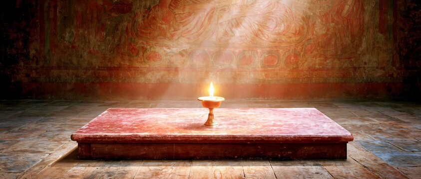Single candle burns atop wooden platform