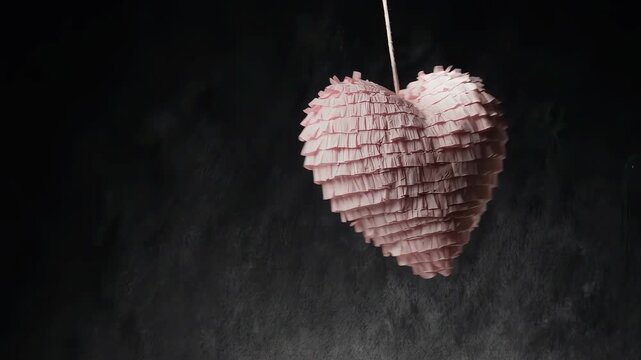 Pink, textured, oval-shaped paper lantern hangs from a thin string against a dark, moody background with subtle smoke or mist effects