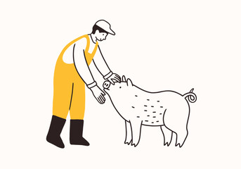 Farm agricultural worker or farmer, man pets pig, care of animal. Hand drawn simple ink doodle contour line illustration. Farming, agriculture or local meat or milk production concept. No gmo, eco. © Anna