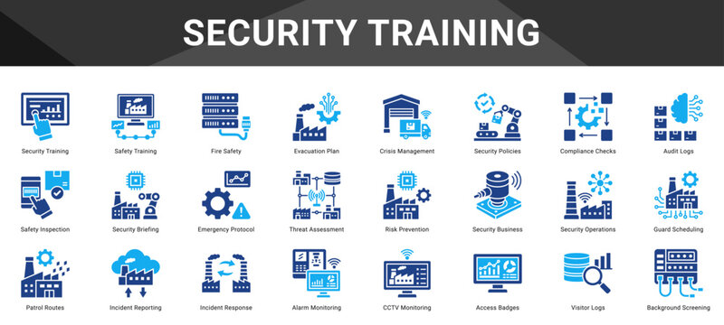 SECURITY TRAINING  Icon set collection. Vector icon pack featuring thematic icons for your presentations or business.