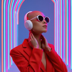 Fototapeta premium Woman posing with headphones in neon arch light tunnel