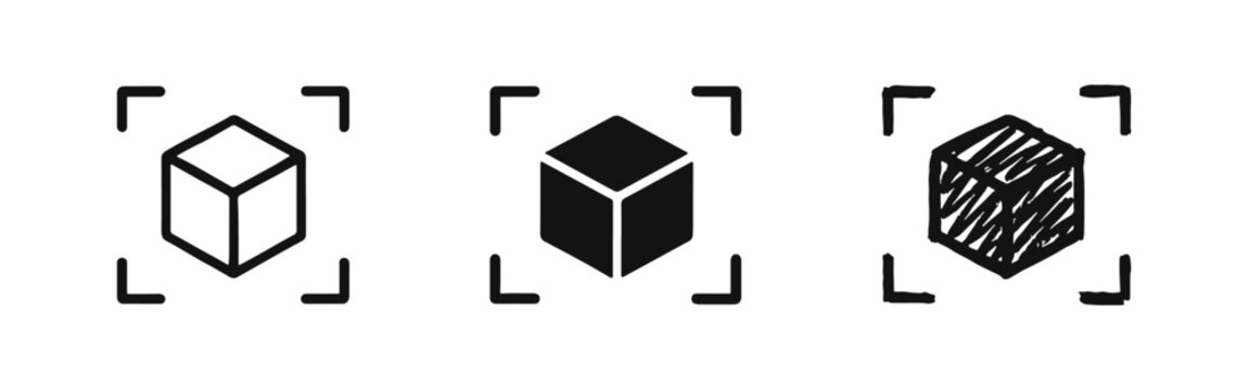3D Object Recognition and Spatial Computing Icon Set Cube with Focus Brackets