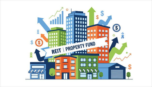 Illustration of various buildings representing a REIT or property fund with upward arrows and financial symbols indicating growth and investment.