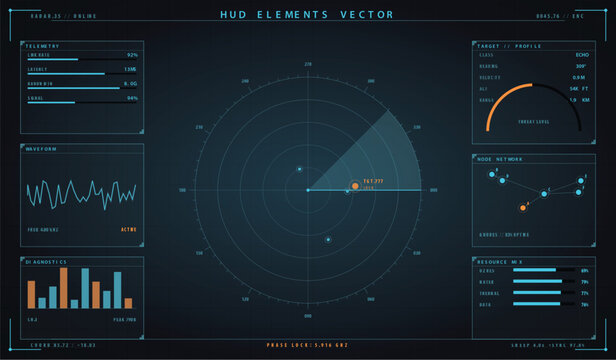 Futuristic hud interface with radar screen, telemetry data, and system diagnostics vector illustration