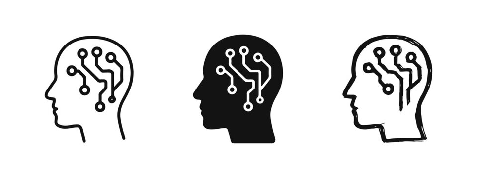 Cybernetic Human Head with Circuit Brain AI Icon Set