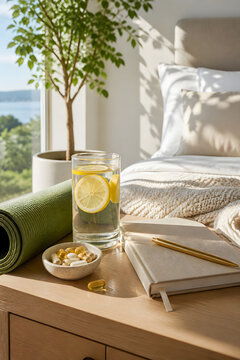 Morning wellness routine with lemon water, supplements and journal in soft sunlight