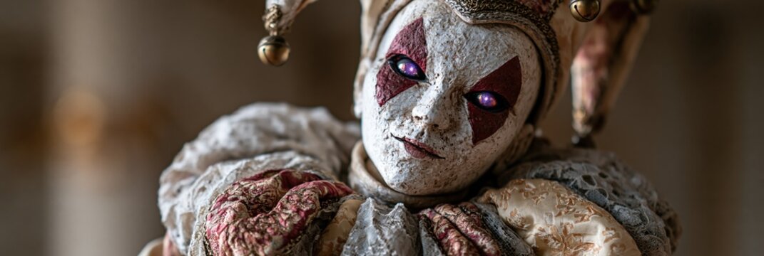 Antique jester puppet with ornate mask in neutral interior