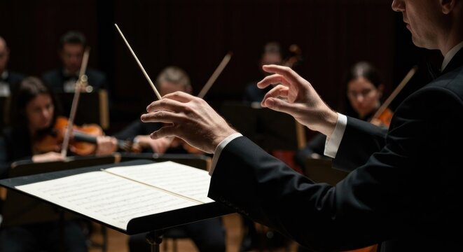 A conductor leads an orchestra, with focus on his hands and the musicians
