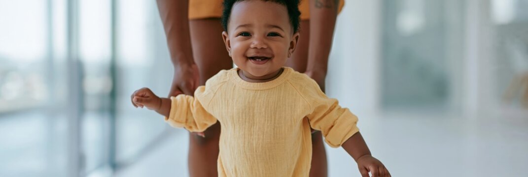 Toddler learning to walk with support in bright hallway