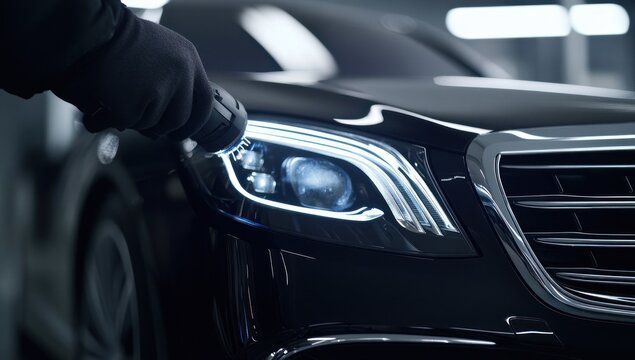 Professional car detailer cleaning bright LED headlight of a dark modern luxury car with a specialized brush, highlighting automotive care.