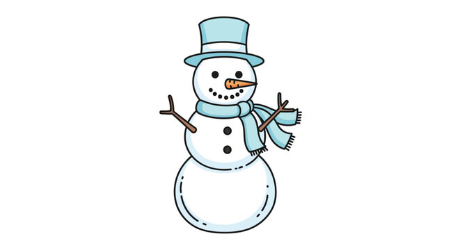 A cheerful snowman wearing a blue scarf and hat with a carrot nose on a white background