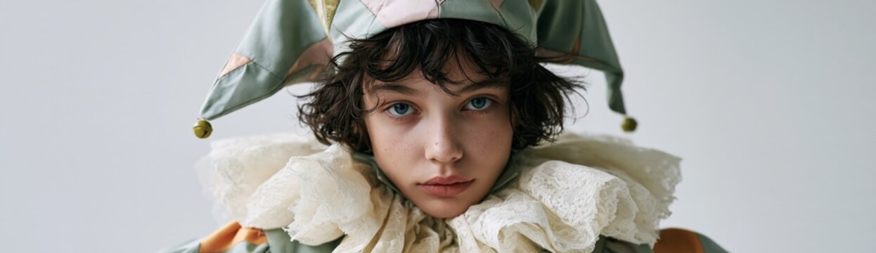 Child in muted jester outfit with ruffled collar against wall