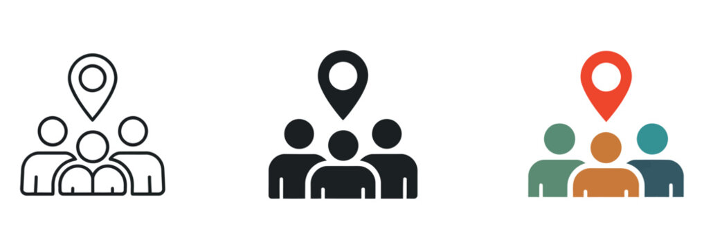Social participation icon set within civic life context, abstract human figures and shared space elements, community engagement and local involvement symbols, modern flat vector illustration for publi